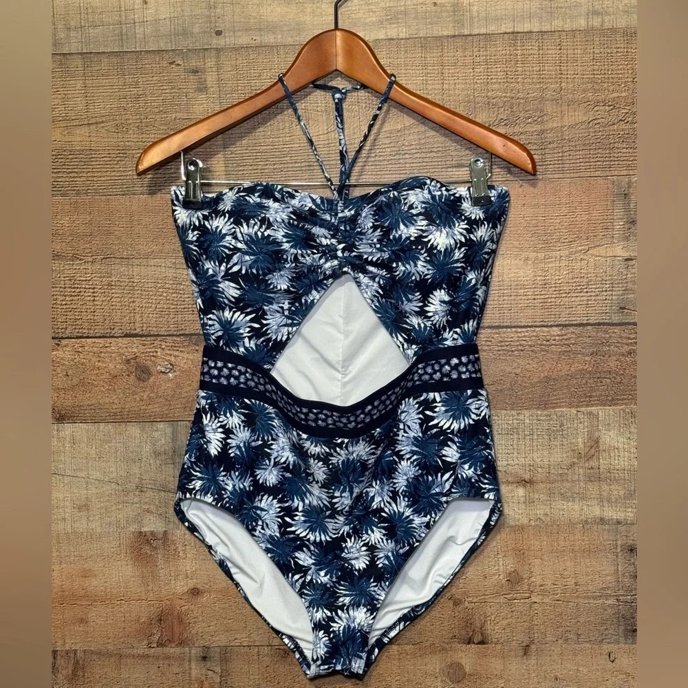 🌻 Michael Koss Women's size 14 Tropical Print Bandeau Cut Out One-Piece Swimsuit